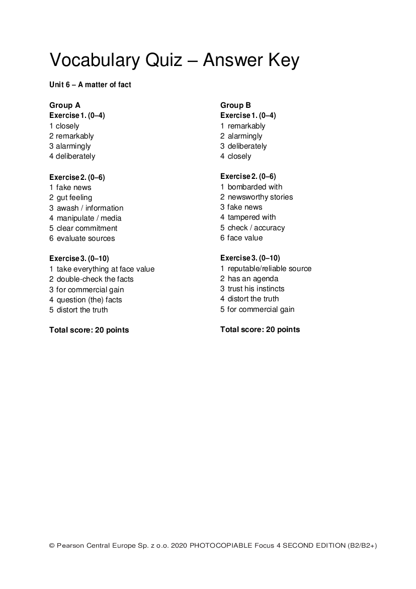 Focus4 2E Vocabulary Quiz Unit6 GroupA&B ANSWERS - Pobierz pdf z Docer.pl