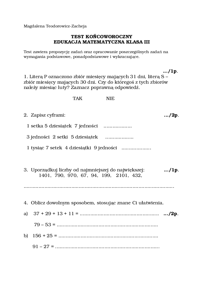 Test matemat. kl.III - Pobierz pdf z Docer.pl