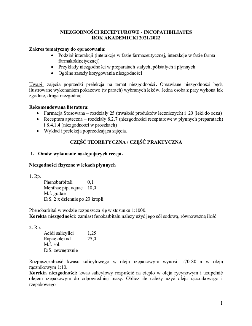 NIEZGODNOŚCI RECEPTUROWE – Incompatibilitates - 2021-2022 - Pobierz pdf z  Docer.pl