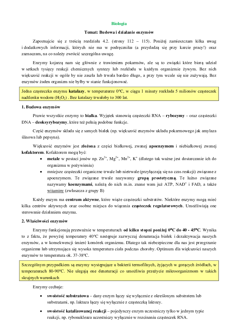 Biologia - Temat - Budowa i działanie enzymów - Pobierz pdf z Docer.pl