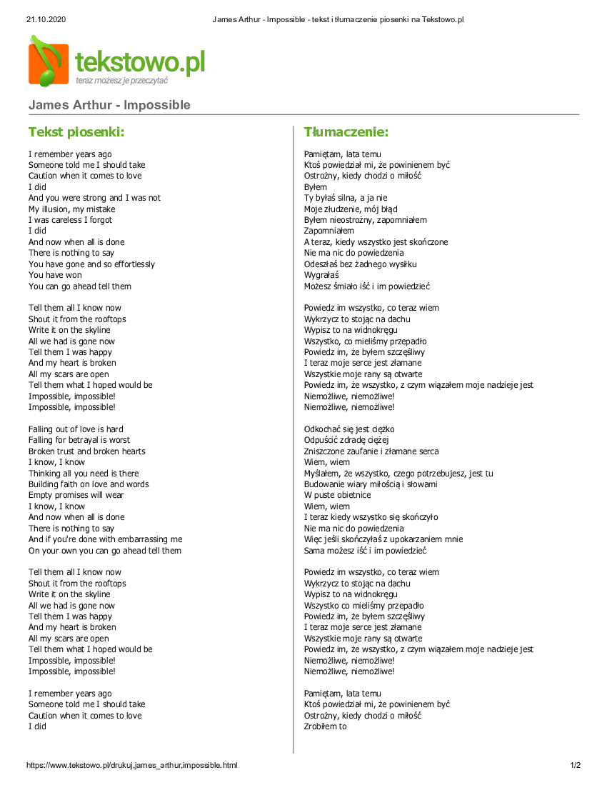 james arthur impossible lyrics and chords