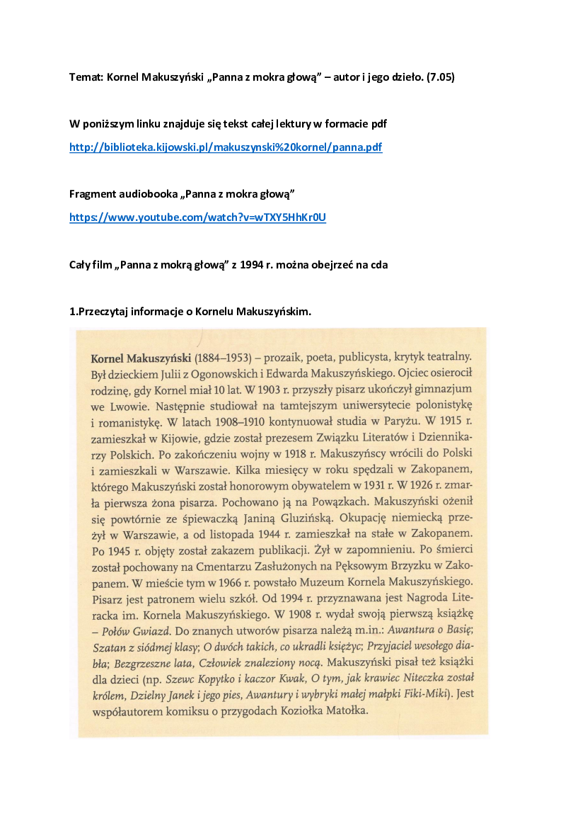 Sprawdzian Z Lektury Panna Z Mokrą Głową Panna z mokra głową 7.05 - Pobierz pdf z Docer.pl