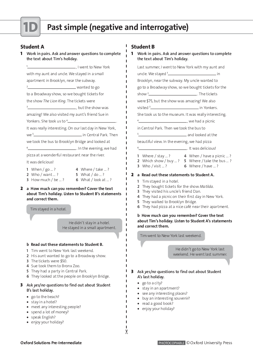 Oxford Solutions Pre-Int Unit 1 D Past simple negative and interrogative -  Pobierz pdf z Docer.pl