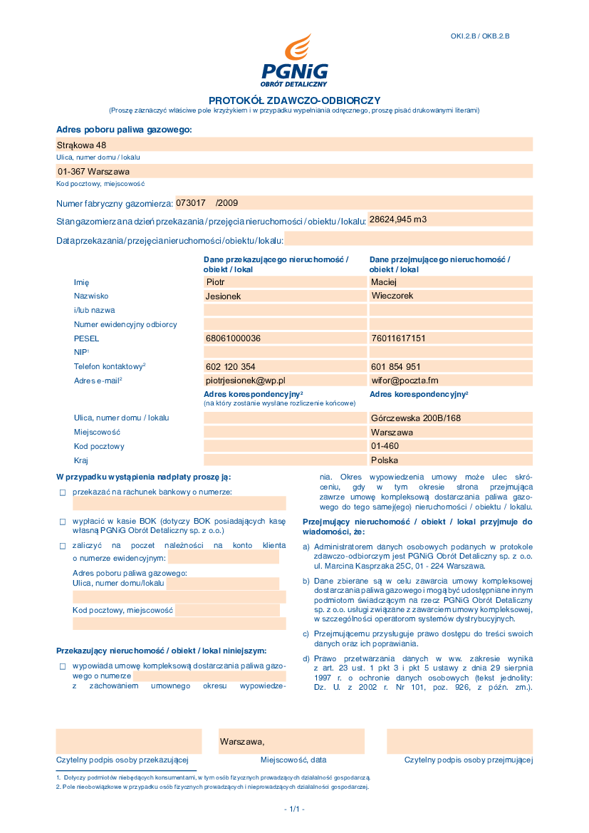 20150720 PGNiG protokół zdawczo-odbiorczy (Strąkowa 48) - Pobierz pdf z