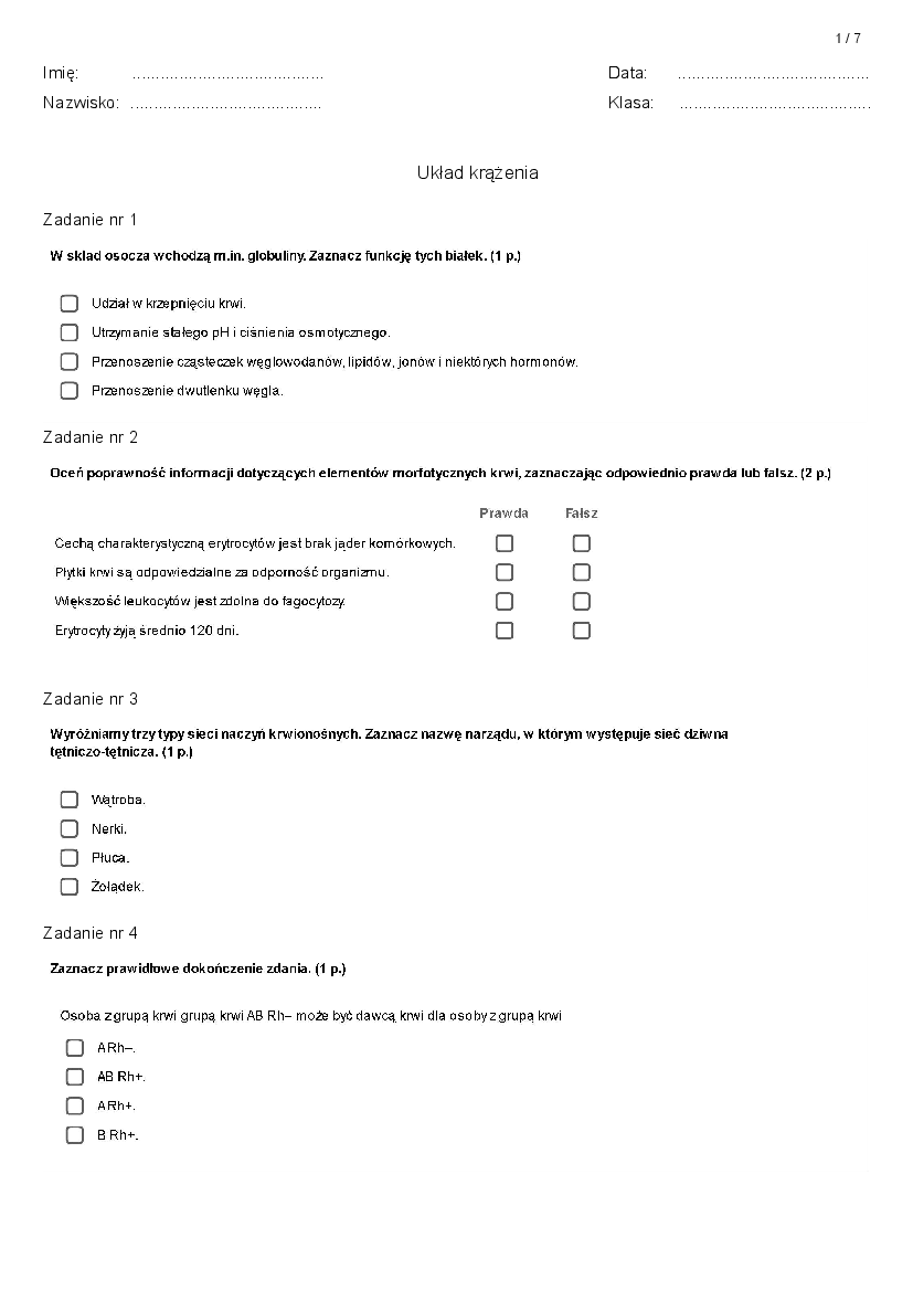 Sprawdzian Z Biologii Klasa 7 Układ Nerwowy I Hormonalny Pdf