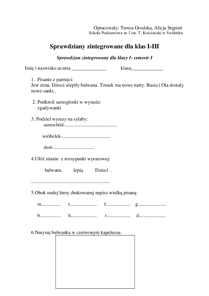 Sprawdziany zintegrowane dla klas I-III - Pobierz pdf z Docer.pl