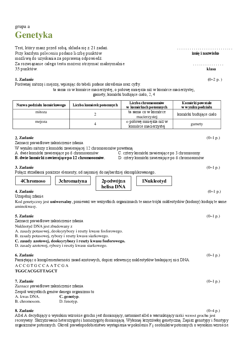 Genetyka - test A i B - Pobierz pdf z Docer.pl