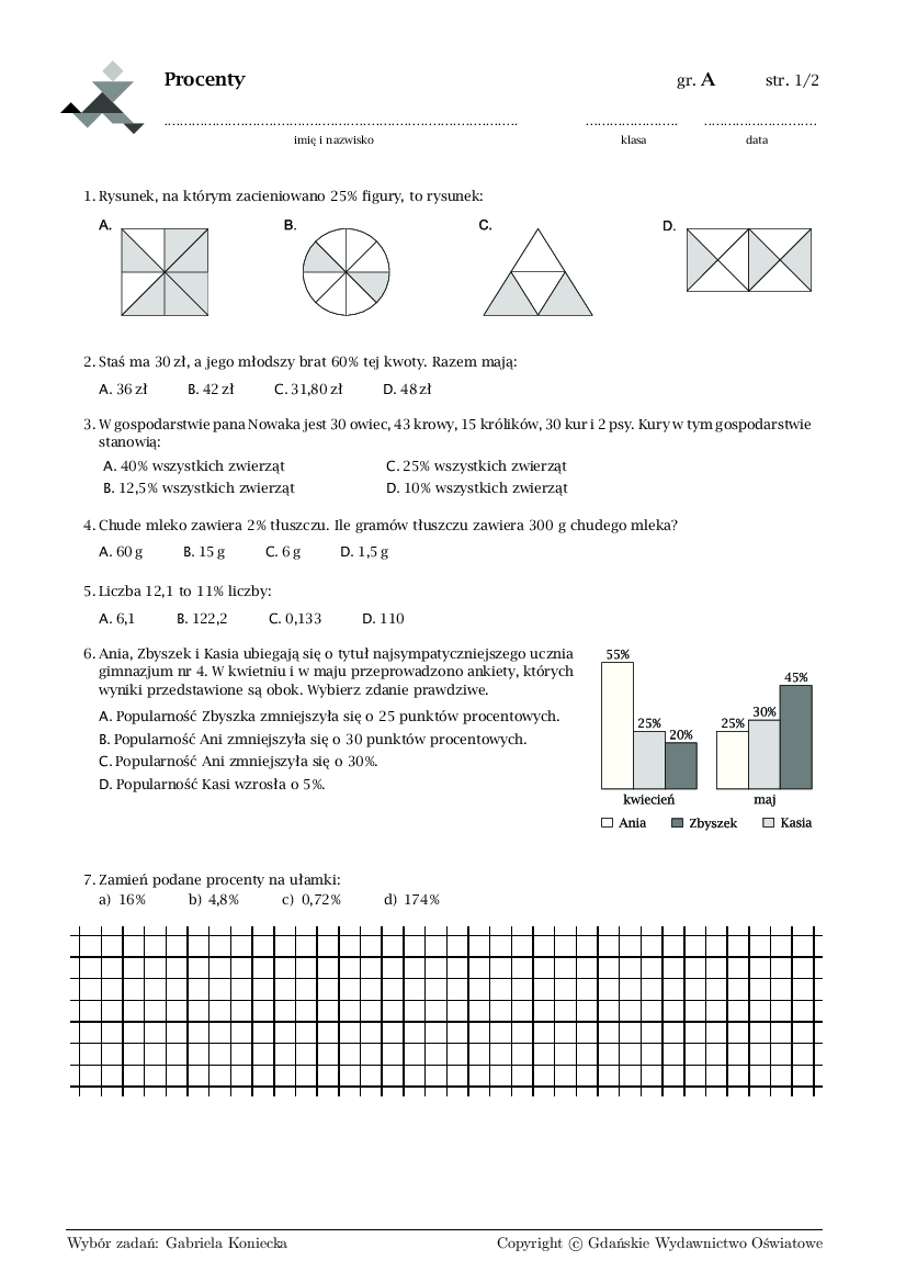 Procenty I Diagramy Sprawdzian Klasa 6 Sprawdzian Z Matematyki Klasa 6 Procenty Gwo - Wiedza 1