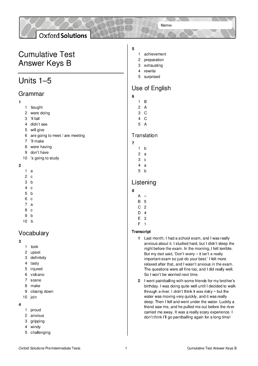 ODP B-Oxford Solutions Pre-Int Cumulative Tests Answer Key B - Pobierz pdf  z Docer.pl