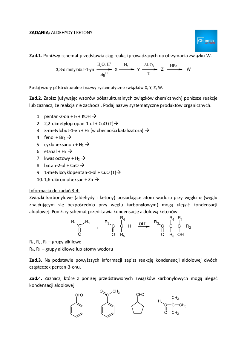 Zadania treningowe - aldehydy i ketony - Pobierz pdf z Docer.pl