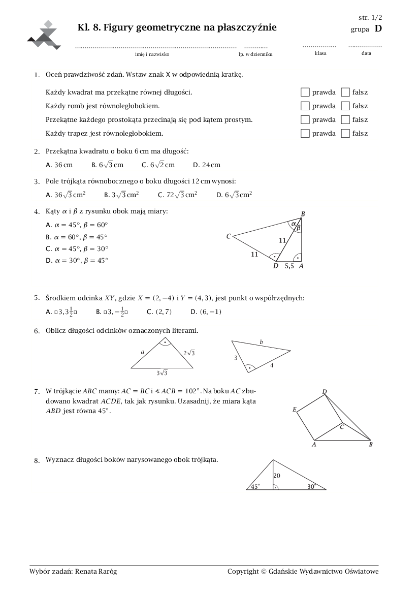 Geometria Klasa 6 Zadania Pdf Figury Geometryczne Klasa 6 Sprawdzian Rysunki Hd