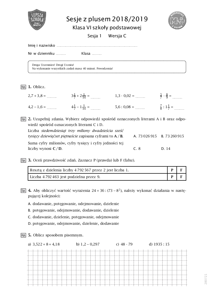 Test Z Matematyki Klasa 6 Pdf Test Diagnostyczny Z Matematyki Po Klasie 6 Szkoly Podstawowej - Wiedza 1