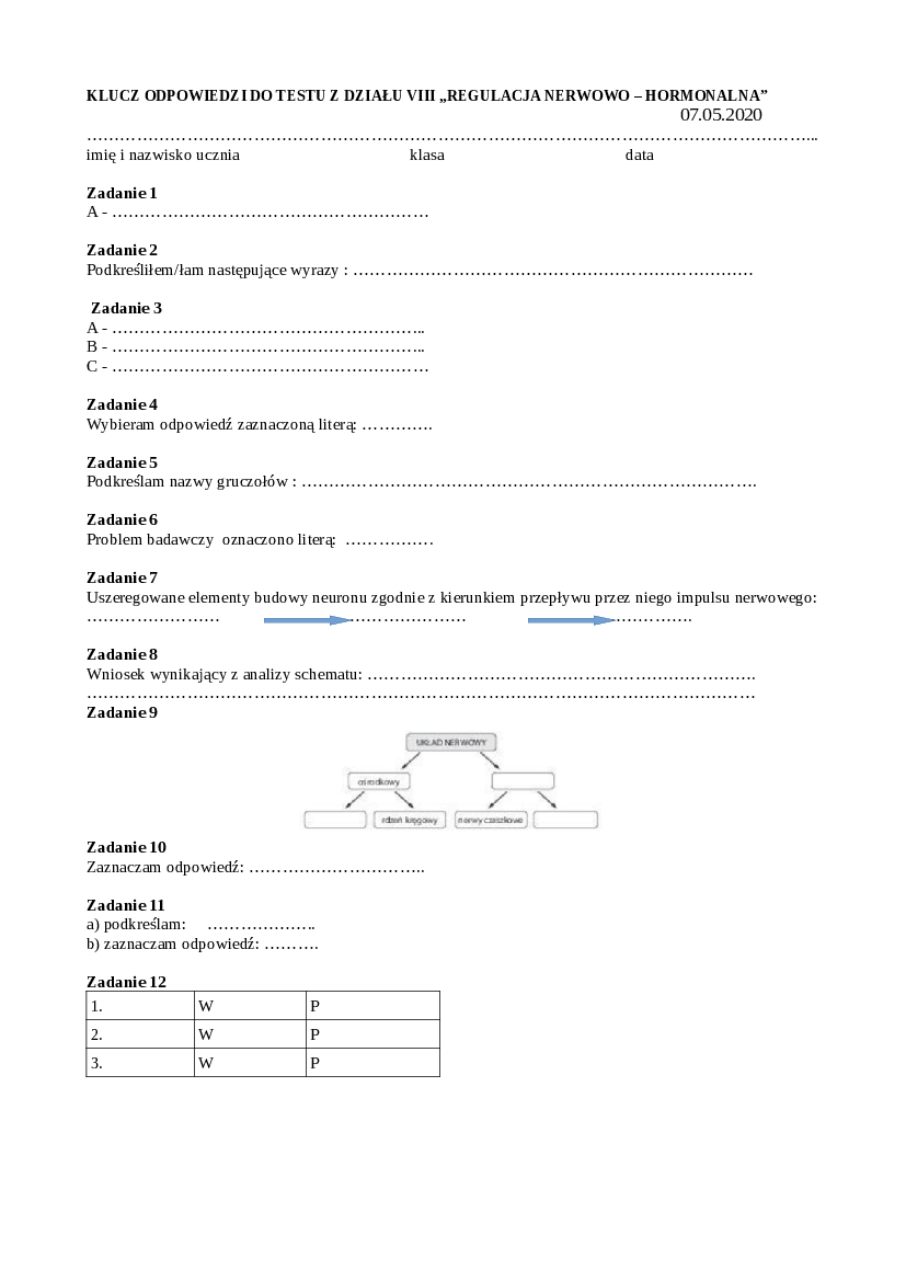 Regulacja Nerwowo Hormonalna Sprawdzian Klasa 7 Pdf - Question