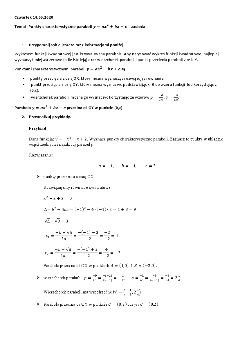 Punkty Charakterystyczne Paraboli Y Ax 2 Bx C Zadania Pobierz Pdf Z Docer Pl