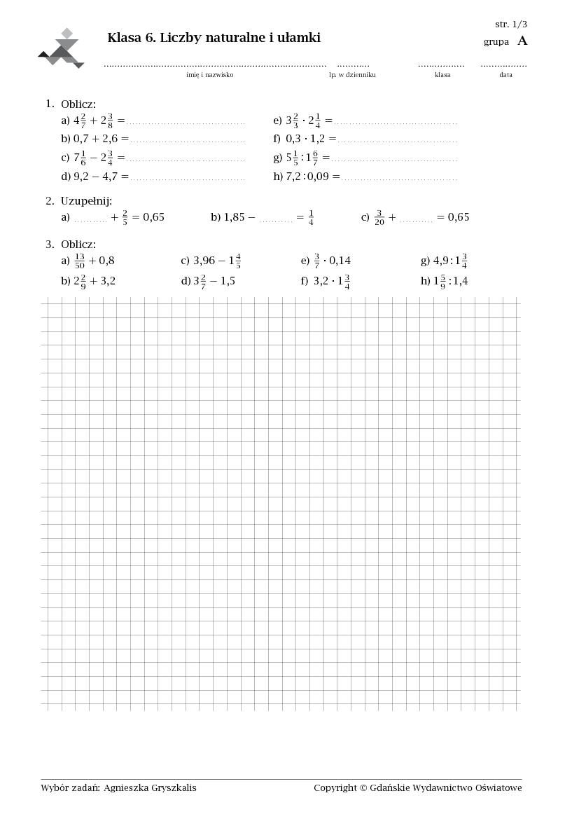 Praca Klasowa Liczby Naturalne I Ułamki kl6-liczby naturalne i ułamki-sprawdzian - Pobierz pdf z Docer.pl
