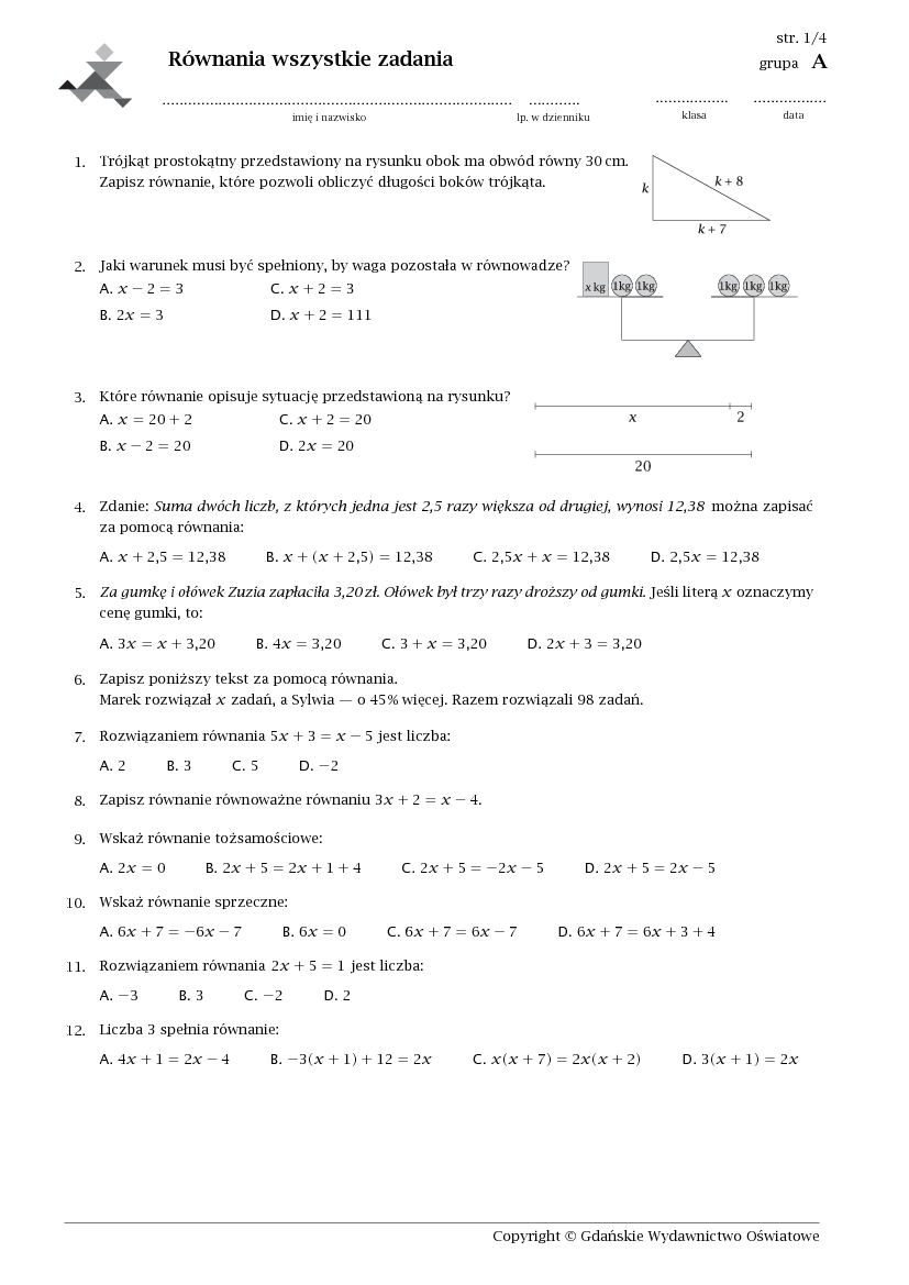 Sprawdzian Z Matematyki Klasa 7 Rownania 7 Równania wszystkie zadania - Pobierz pdf z Docer.pl