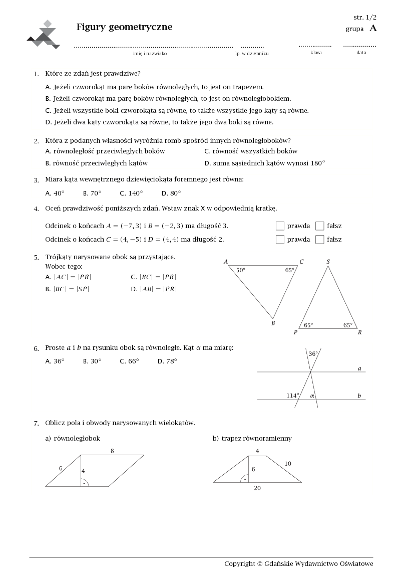 Sprawdzian Figury Geometryczne Klasa 7 Odpowiedzi - question