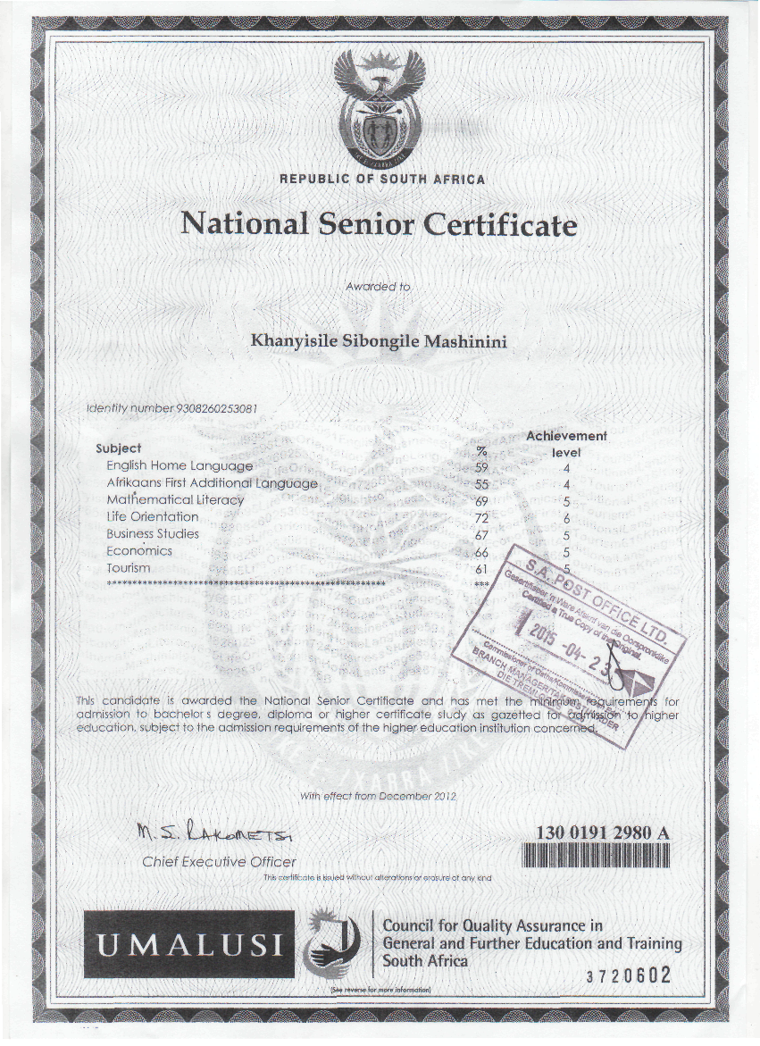 SA Matric Certificate