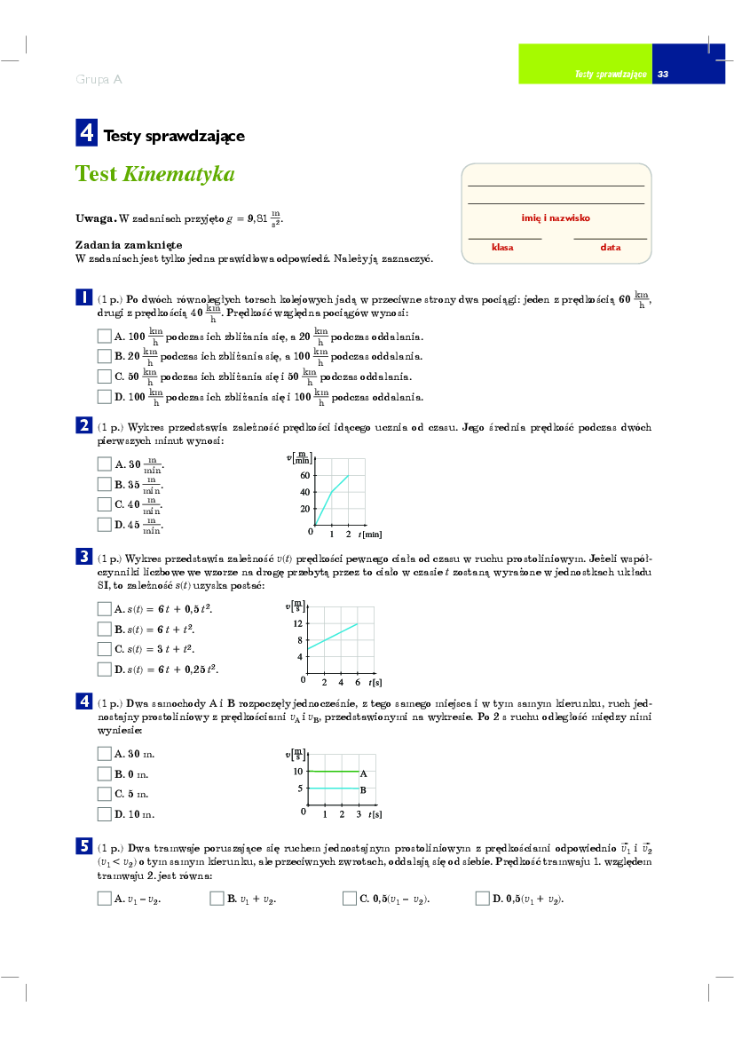 01 Kinematyka - test1a - Pobierz pdf z Docer.pl - Sprawdzian Fizyka Klasa 8 Elektrostatyka