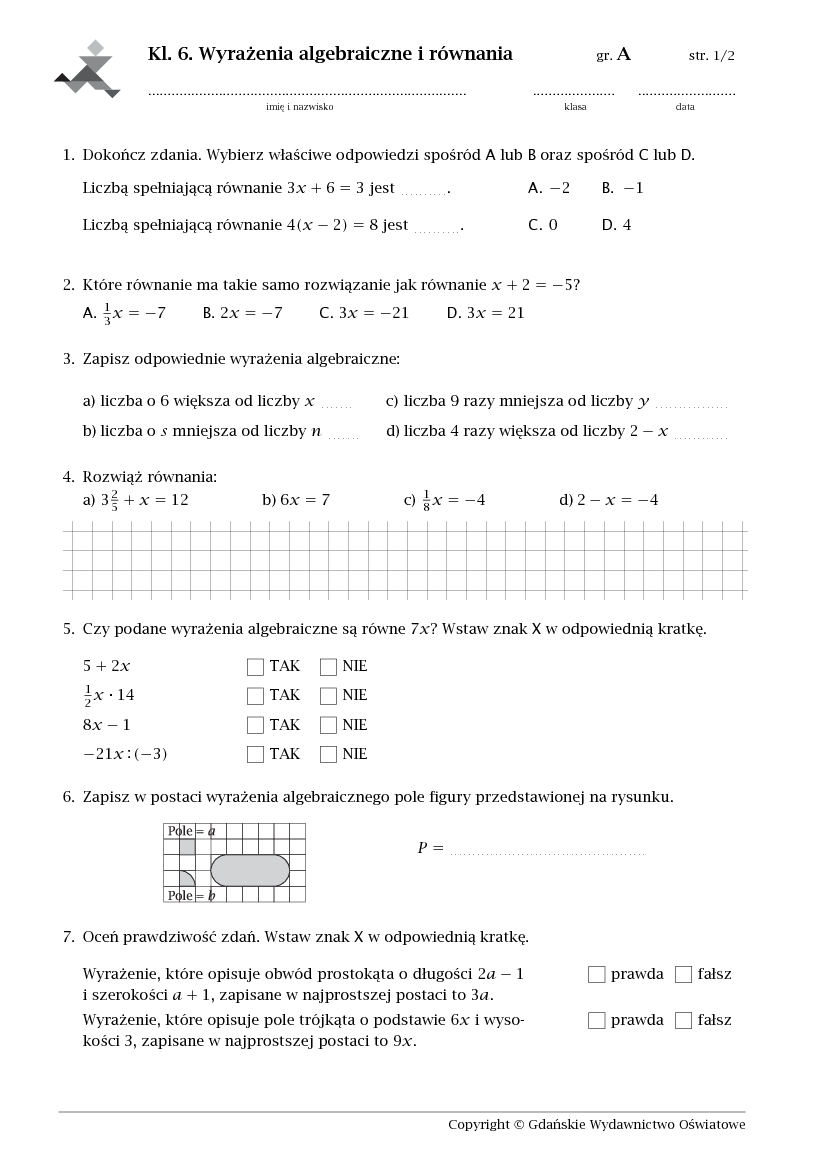 Imiesłowy Sprawdzian Dla Kl 7 Sprawdzian Z Matematyki Klasa 7 Wyrazenia Algebraiczne Wsip