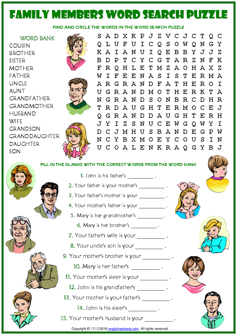 family members vocabulary esl word search puzzle worksheet for kids