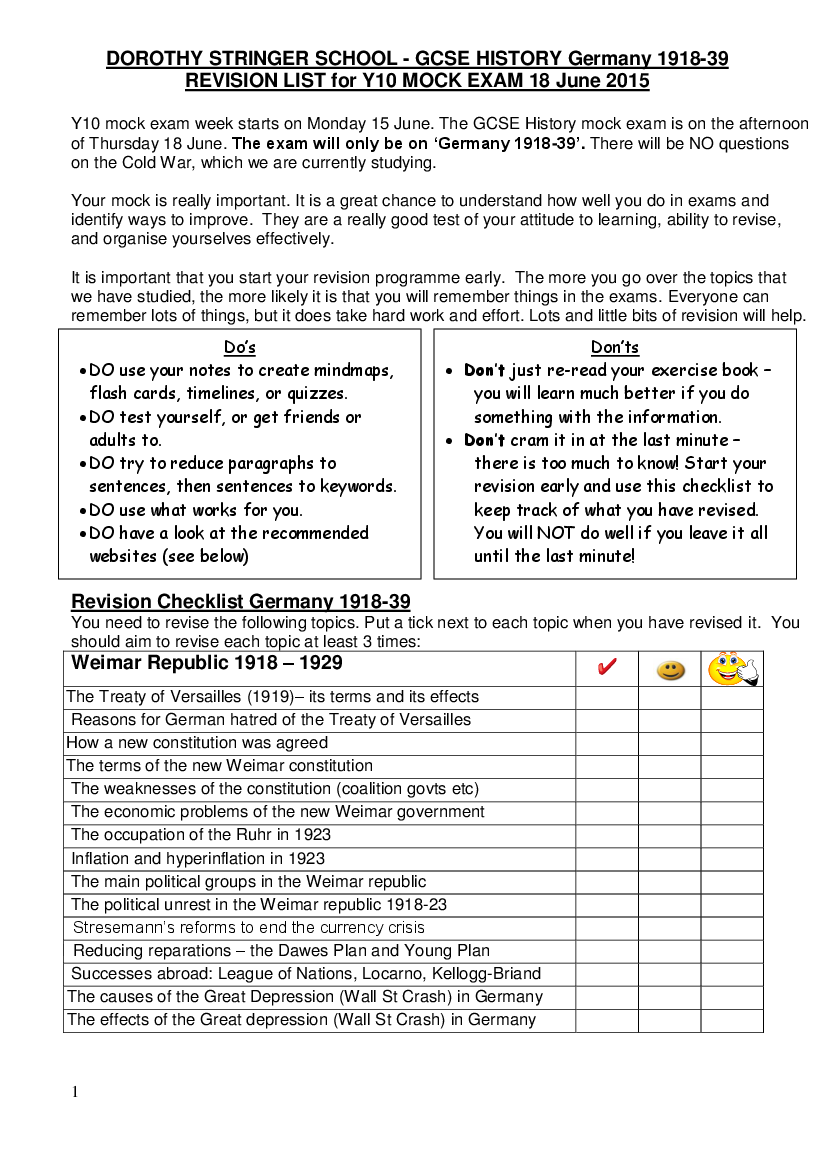 Germany 1918 1939 Y10 Revision Checklist Updated May 15 Pobierz Pdf Z Docer Pl