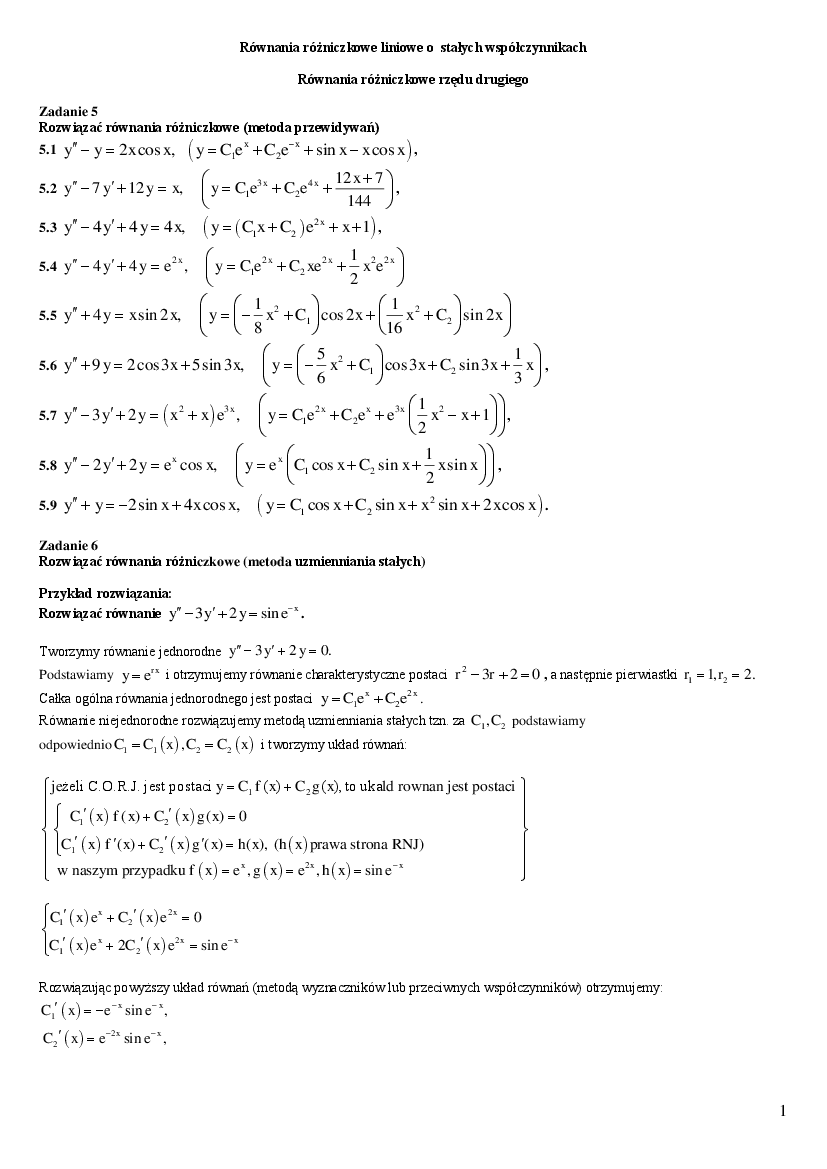 Rownania Rozniczkowe Liniowe O Stalych Wspolczynnikac Pobierz Pdf Z Docer Pl