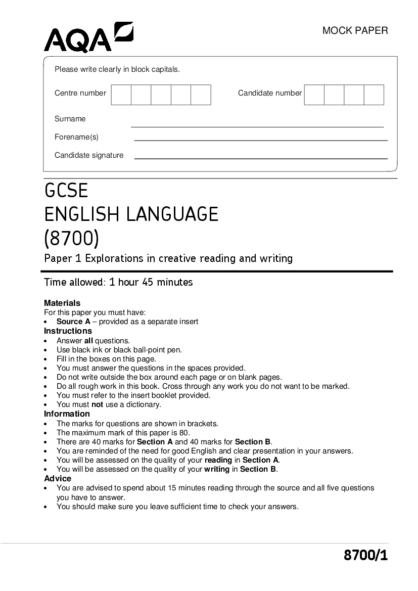 Gcse English Language Specimen Question Paper Paper 1 - Gambaran
