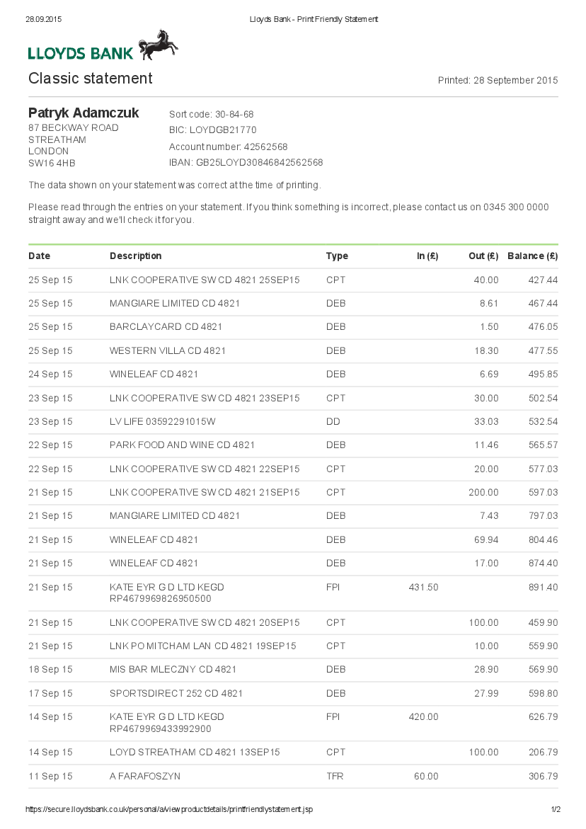 Lloyds Bank - Print Friendly Statement patryk 1 - Pobierz ...